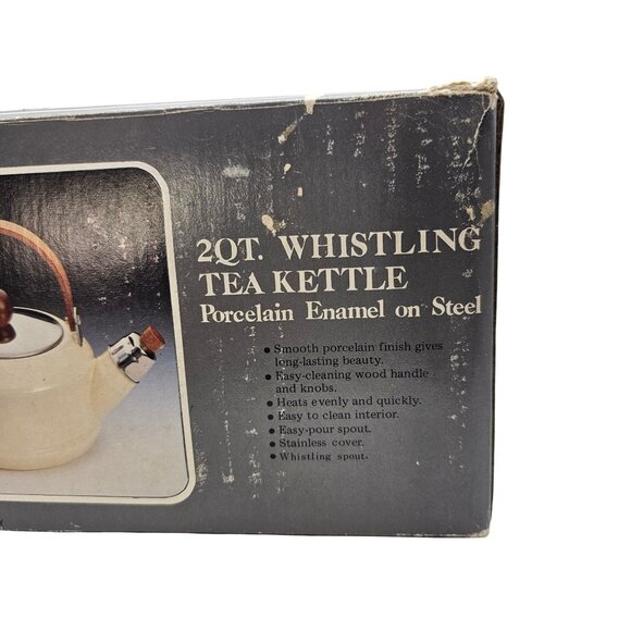 Vintage 1983 2 Qt Whistling Tea Kettle Porcelain Enamel Ivory W/Box Towle - Picture 5 of 16